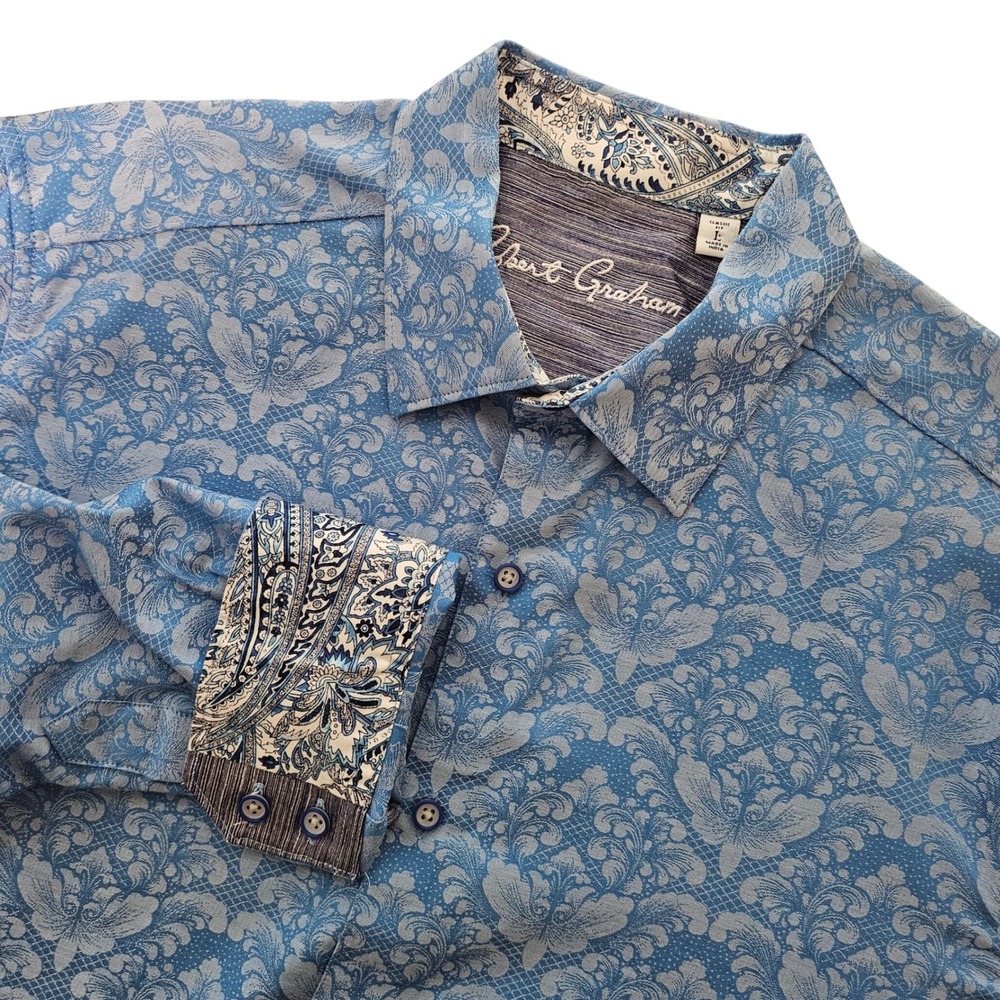 Robert Graham Button Up Shirt L Blue Damask Paisley Classic Fit Flip Cuff Cotton